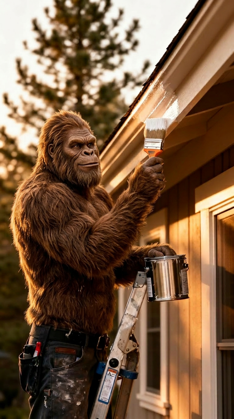 Painter finishing exterior trim on a Hayden, Idaho home at golden hour